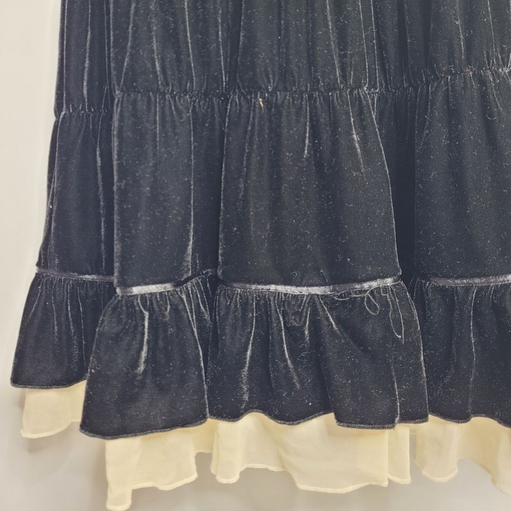 VINTAGE Y2K witchy black velvet tiered lace detail‎ whimsigoth midi skirt M - Picture 3 of 8